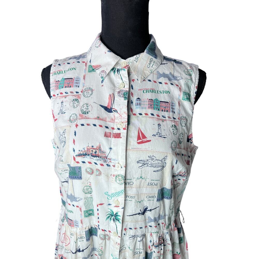 J.Crew Postcard Print Midi Dress Women 6 white Coastal Vacation Sleeveless - Picture 4 of 11
